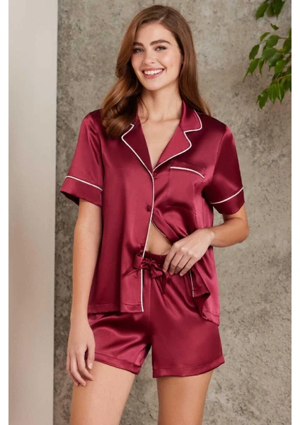 Pierre Cardin 1205 Kadın Saten Önden Düğmeli Şortlu Pijama Takım-Bordo