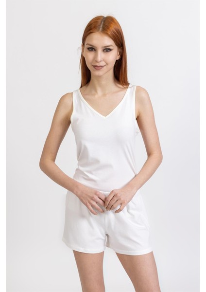 Ja Bayan Askılı Şortlu Pijama Takımı Beyaz