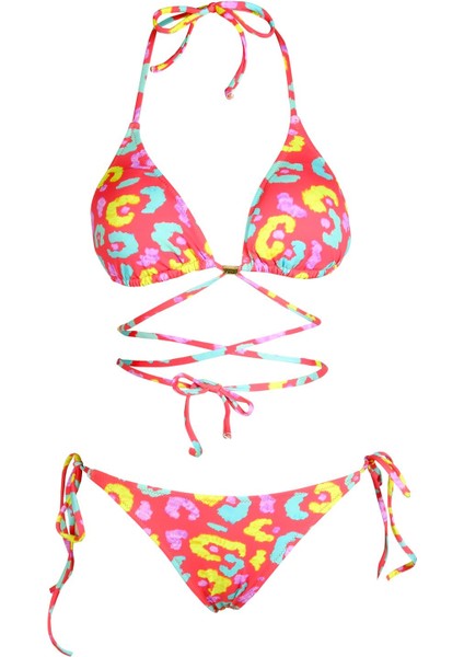 Beria Kadın Çapraz Bağlama Detaylı Üçgen Ipli Pembe Desenli Bikini Takımı