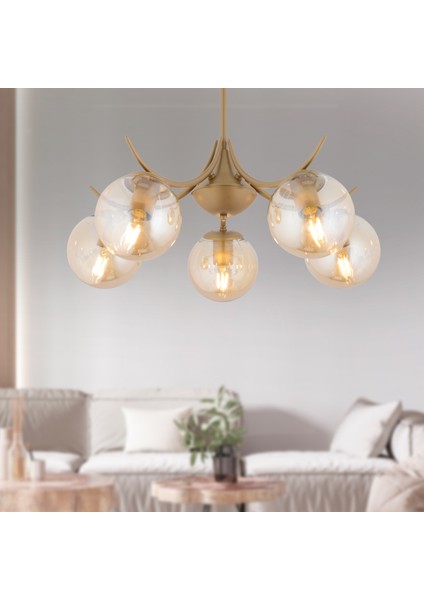 Germaine 5'li Yuvarlak Eskitme Bal Camlı Modern Oturma Odası Salon Avize