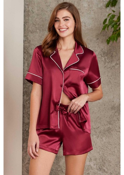 1205 Kadın Saten Önden Düğmeli Şortlu Pijama Takım-Bordo
