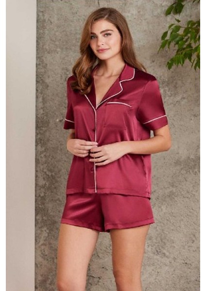 1205 Kadın Saten Önden Düğmeli Şortlu Pijama Takım-Bordo fiyatları