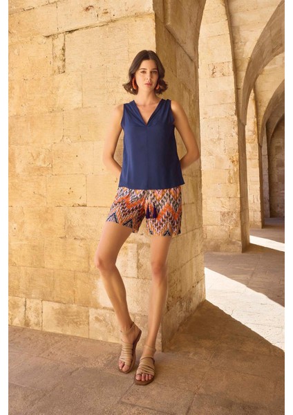 Etnik Desenli Sıfır Kol Şort Takımı