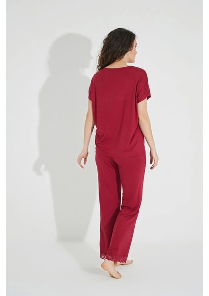 Kadın Kırmızı Dantelli V Yakalı Kısa Kol Pijama Takımı 18495