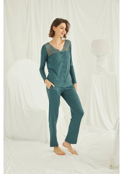 Kadın Yeşil Omzu Dantelli Önü Boydan Düğmeli Pijama Takımı 19307