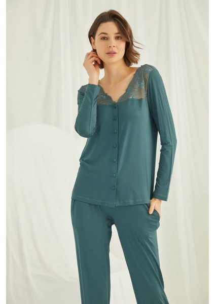 Kadın Yeşil Omzu Dantelli Önü Boydan Düğmeli Pijama Takımı 19307