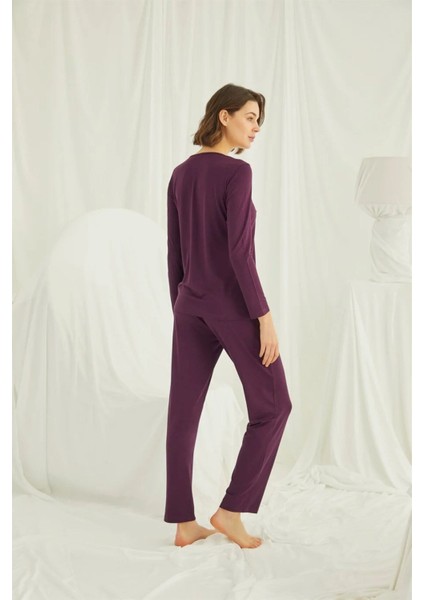 Kadın Bordo Omzu Dantelli Önü Boydan Düğmeli Pijama Takımı 19230 fırsatları
