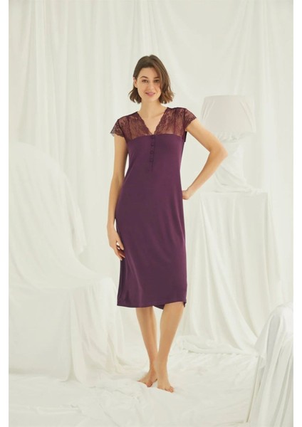 Kadın Bordo Dantelli Yakası Düğmeli Gecelik 18403 fiyatları