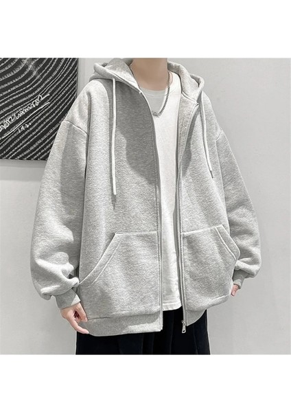 Düz Gri Unisex Oversize Günlük Kapüşonlu Hırka