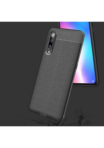 Xiaomi Mi A3 Deri Görünümlü Esnek Tpu Lüx Silikon Kılıf-Siyah