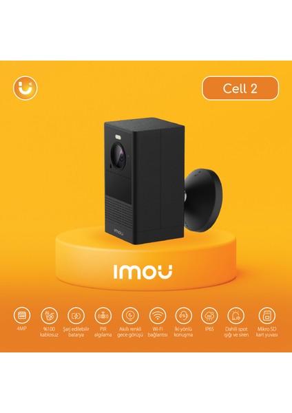 IMOU Cell 2 Dış Ortam Kablosuz WiFi Kamera/4MP-Renkli Gece Görüşü-PIR Algılama-İki Yönlü Ses-Şarj Edilebilir Batarya-IP65-SD Kart-Bulut(IPC-B46LP)