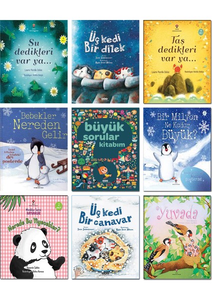 Iş Bankası Kültür Yayınları – Su Dedikleri Var Ya + Üç Kedi Bir Dilek + Bebekler Nereden Gelir + Büyük Sorular Kitabım + Bir Milyon Ne Kadar Büyük? + Üç Kedi Bir Canavar - 9 Kitap Çocuk Hikaye Seti