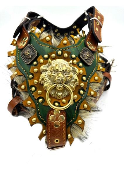 Haki Tüylü Özel Tasarım Deri Köpek Göğüs Tasması