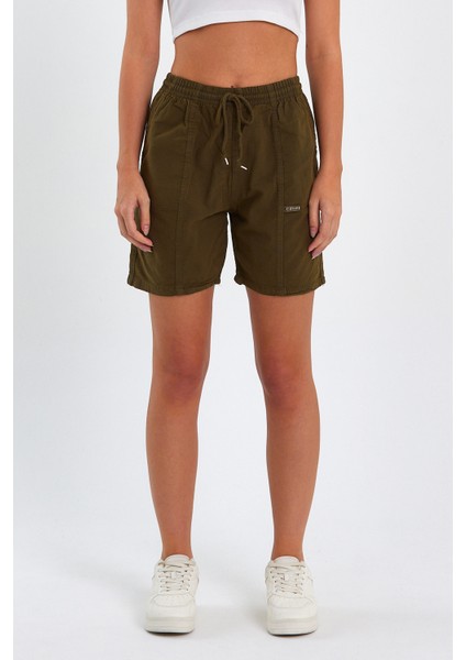 Kadın Haki Rahat Kesim Keten Şort