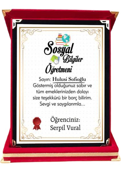 Sosyal Bilgiler Öğretmenine Hediye Plaket