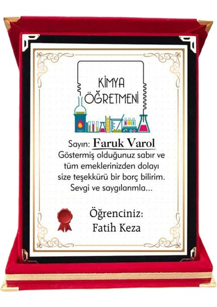Kimya Öğretmenine Hediye Plaket