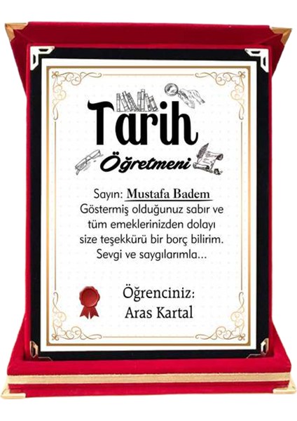 Tarih Öğretmenine Hediye Plaket