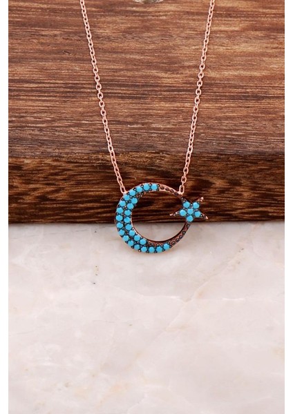 Turkuaz Taşlı Ay Yıldız Tasarımlı Ros Gümüş Kolye 2336