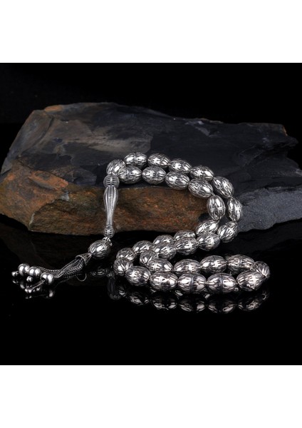 Tamamı 925 Ayar Gümüş Büyük Boy Arpa Kesim Tesbih