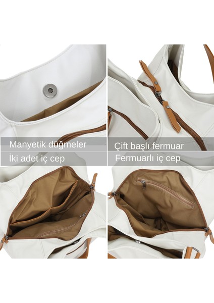 Myra Kadın Krem Pu Deri Günlük Omuz Çantası Üç Bölmeli Yumuşak Tote El Çantası