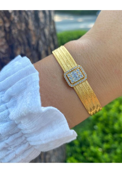 Kadın Gümüş Bagetli 5 Sıra Hasır Bileklik