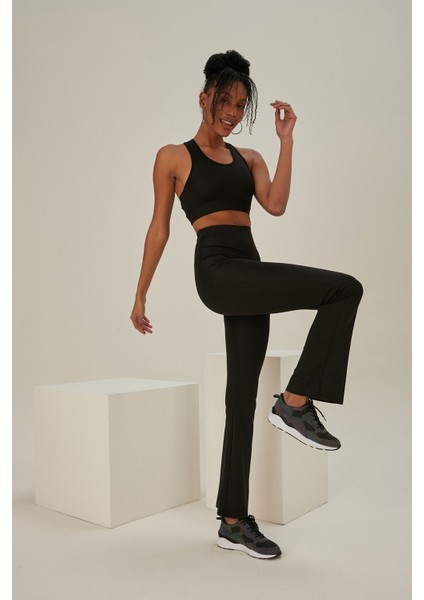 Siyah Bol Paça Yoga Taytı Tayt Günlük Belden