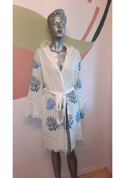 Collection Baskılı Blue Mercan Desenli Lüks Müslin Bornoz fiyatları