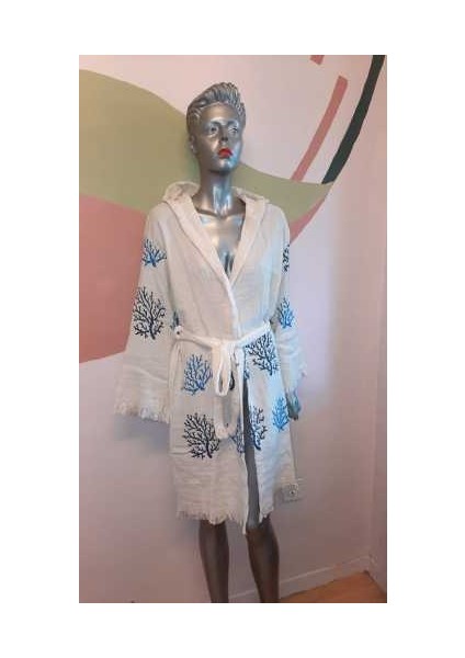 Collection Baskılı Blue Mercan Desenli Lüks Müslin Bornoz modelleri