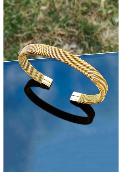 Hasır Örme Model Gold Geçmeli Ayarlanabilir Çelik Bileklik