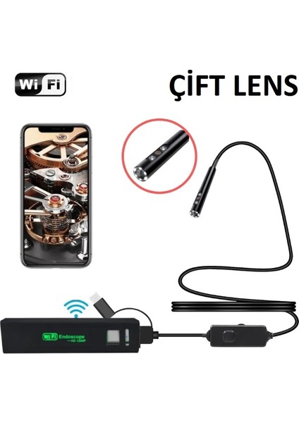 Çift Lensli Wifi Endoskop Yılan Kamera Sert Kablo 10 mt Hd Görüntü Tüm Telefonlara Uyumlu