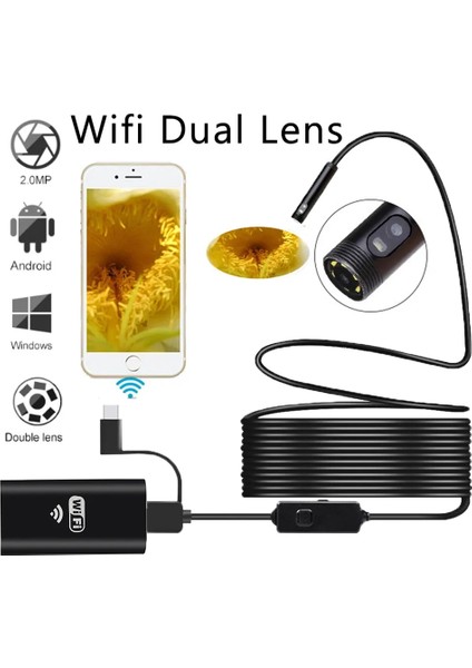 Çift Lensli Wifi Endoskop Yılan Kamera Sert Kablo 10 mt Hd Görüntü Tüm Telefonlara Uyumlu