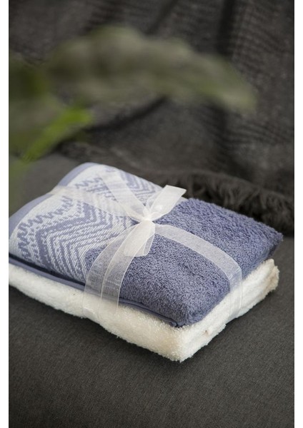 Leron %100 Pamuk 2'li Havlu Seti Beyaz / Mavi 50x90