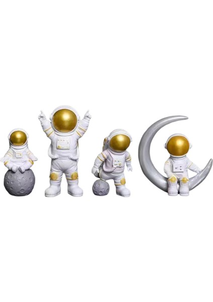 4x Spacean Figürin Kitaplık Dolabı Astronot Heykel Dekor Beyaz Altın (Yurt Dışından)