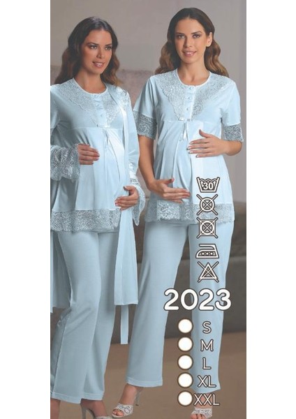 Nehirsel 2023 Mavi Hamile Lohusa 3 Lü Pijama Sabahlık Tk