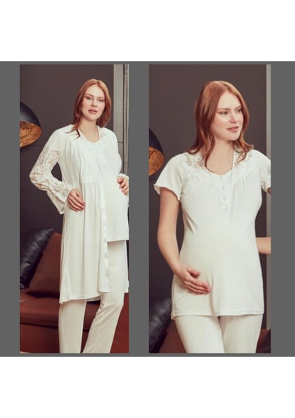 4902 Hamile Lohusa 3 Lü Dantel Kollu Pijama Sabahlık