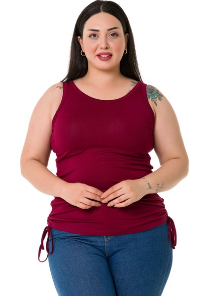 Büyük Beden Kalın Askılı Yanları Tünelli Viskon Bordo Body