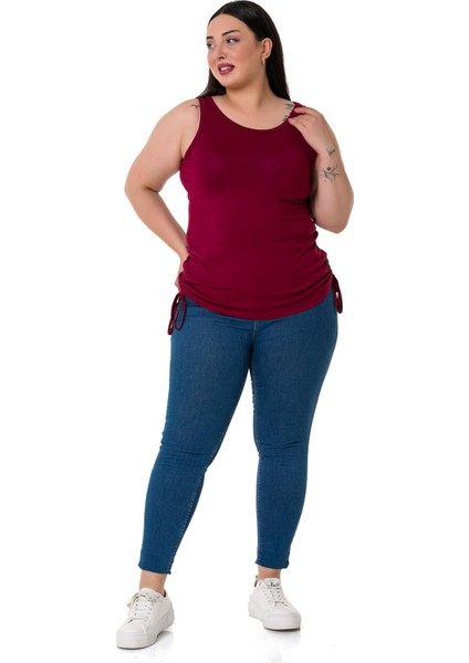Büyük Beden Kalın Askılı Yanları Tünelli Viskon Bordo Body