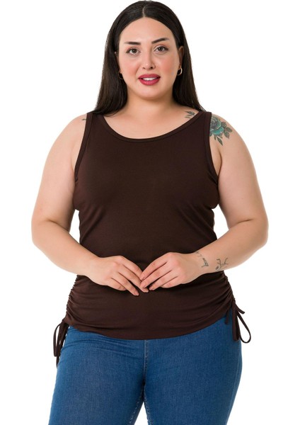 Büyük Beden Kalın Askılı Yanları Tünelli Viskon Kahverengi Body