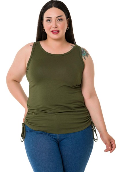 Büyük Beden Kalın Askılı Yanları Tünelli Viskon Haki Body