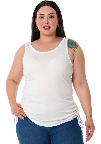 Büyük Beden Kalın Askılı Yanları Tünelli Viskon Ekru Body