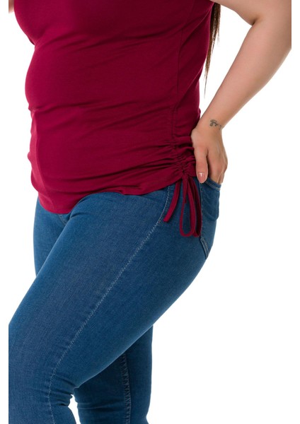 Büyük Beden Kalın Askılı Yanları Tünelli Viskon Bordo Body