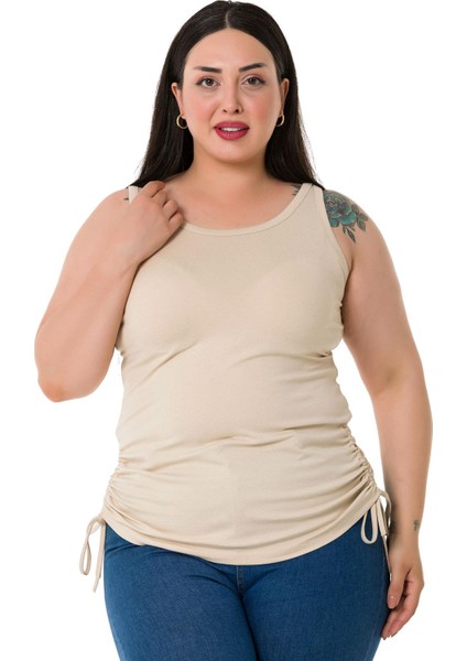 Büyük Beden Kalın Askılı Yanları Tünelli Viskon Bej Rengi Body