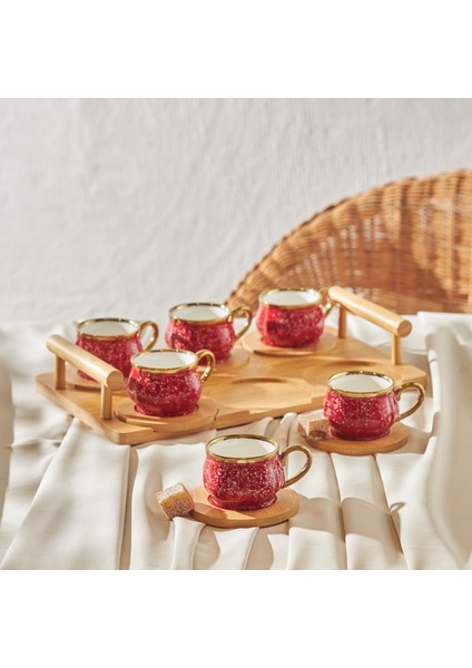 Bambu Tepsi Hediyeli 6 Kişilik Kırmızı Kahve Fincan Takımı 90 ml