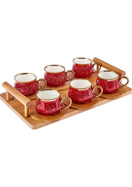Bambu Tepsi Hediyeli 6 Kişilik Kırmızı Kahve Fincan Takımı 90 ml