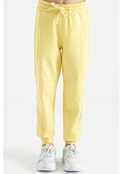 Limon Yan Yazı Nakışlı Bağcıklı Standart Kalıp Jogger Kız Çocuk Eşofman Alt - 75123