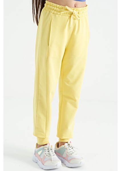 Limon Yan Yazı Nakışlı Bağcıklı Standart Kalıp Jogger Kız Çocuk Eşofman Alt - 75123
