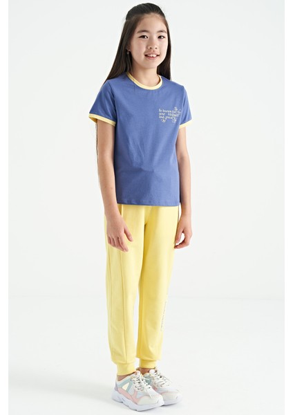 Limon Yan Yazı Nakışlı Bağcıklı Standart Kalıp Jogger Kız Çocuk Eşofman Alt - 75123
