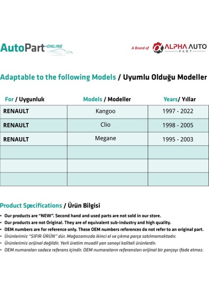 Renault Clio ,megane, Kangoo Için 5 Pin Cam Açma Düğmesi