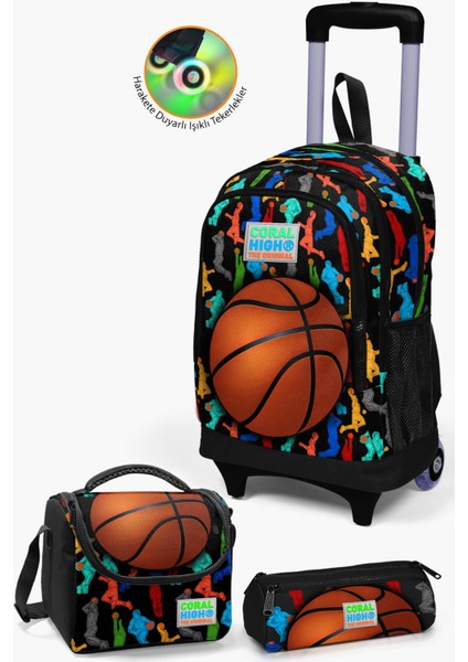 Kids Siyah Basketbol Desenli Çekçekli 3'lü Çanta Seti SET0123377