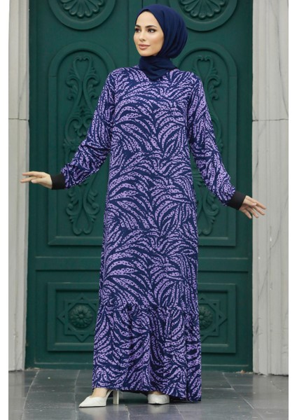 - Yaprak Desenli Lavanta Tesettür Elbise 22970LV